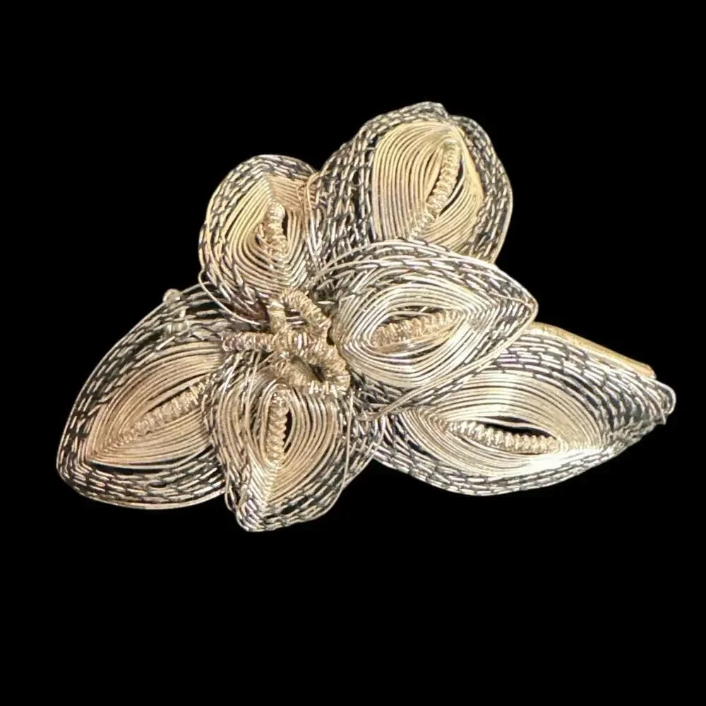 Vintage Silver Filigree Brooch Flower Handmade Wire Art Work Gilded Metal Wire